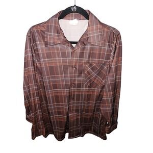 Vintage 70s Plaid Button Up Shirt Long Sleeve Brown‎ Orange Menswear